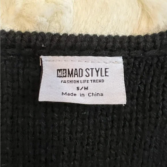 MS Mad Style Cardigan Black/White Fuzzy Long Knit S/M - Picture 6 of 7